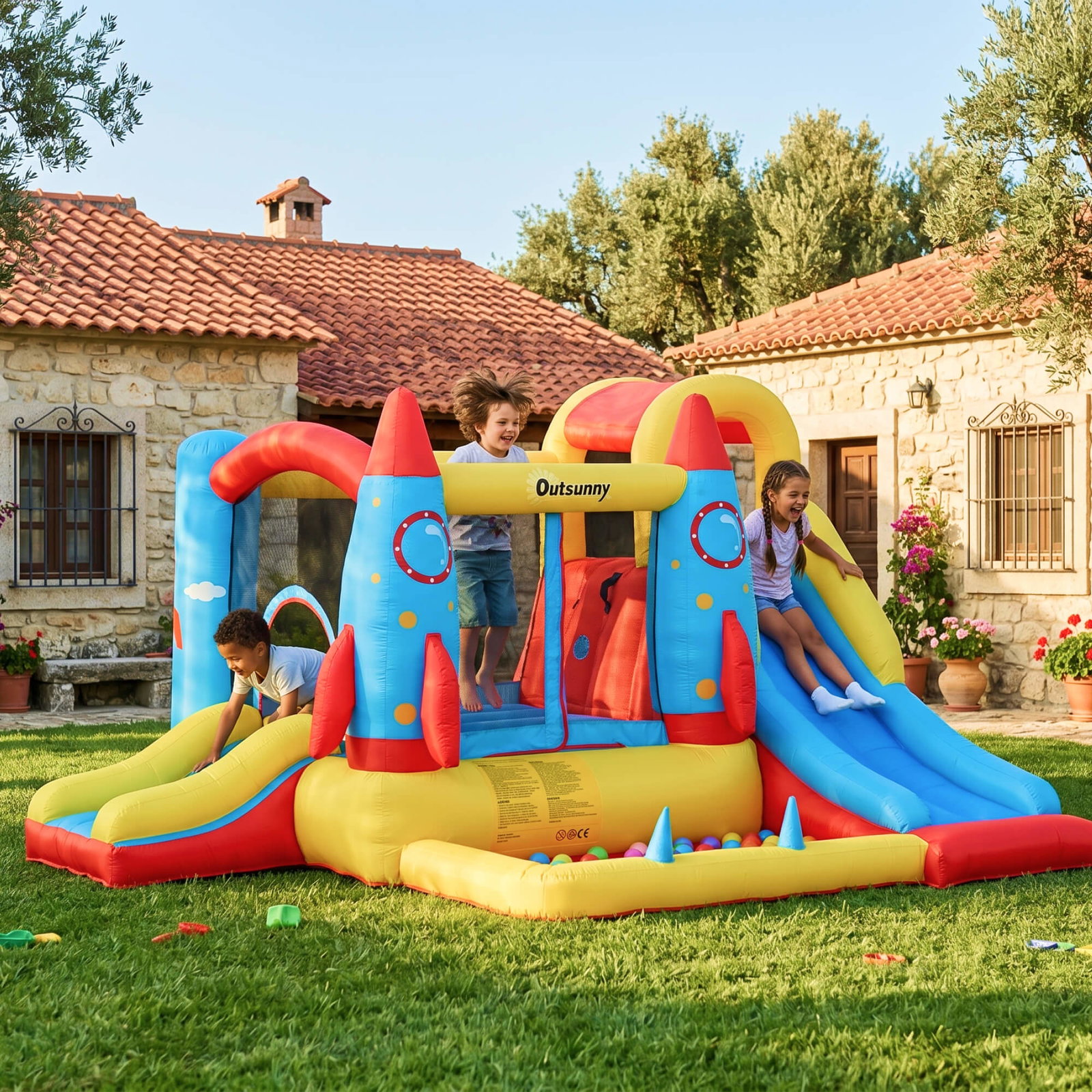 Castelo insuflável com 2 escorregas trampolim e piscina para crianças acima de 3 anos com inflador e bolsa de transporte para interior exterior 330x265x185cm multicor