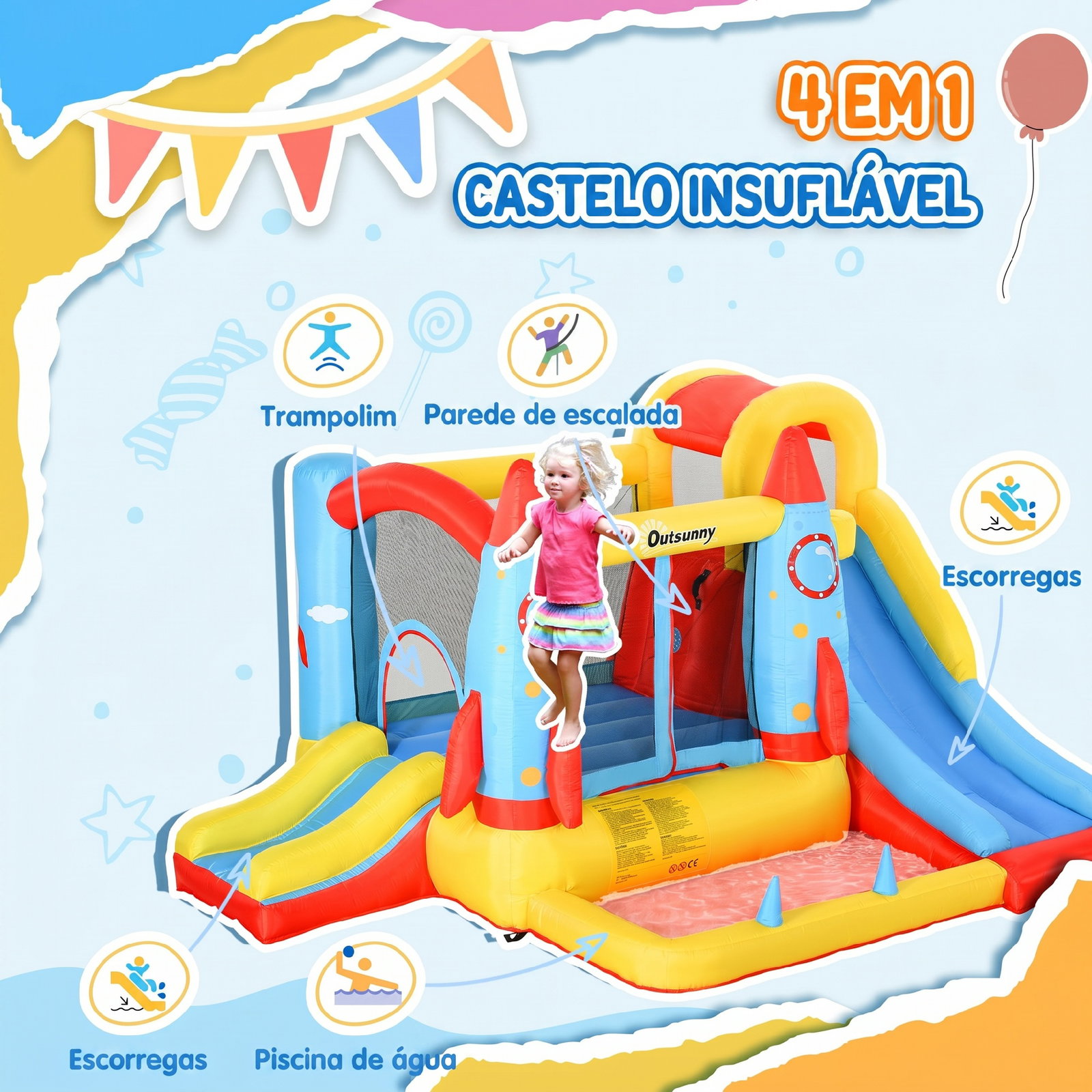 Castelo insuflável com 2 escorregas trampolim e piscina para crianças acima de 3 anos com inflador e bolsa de transporte para interior exterior 330x265x185cm multicor