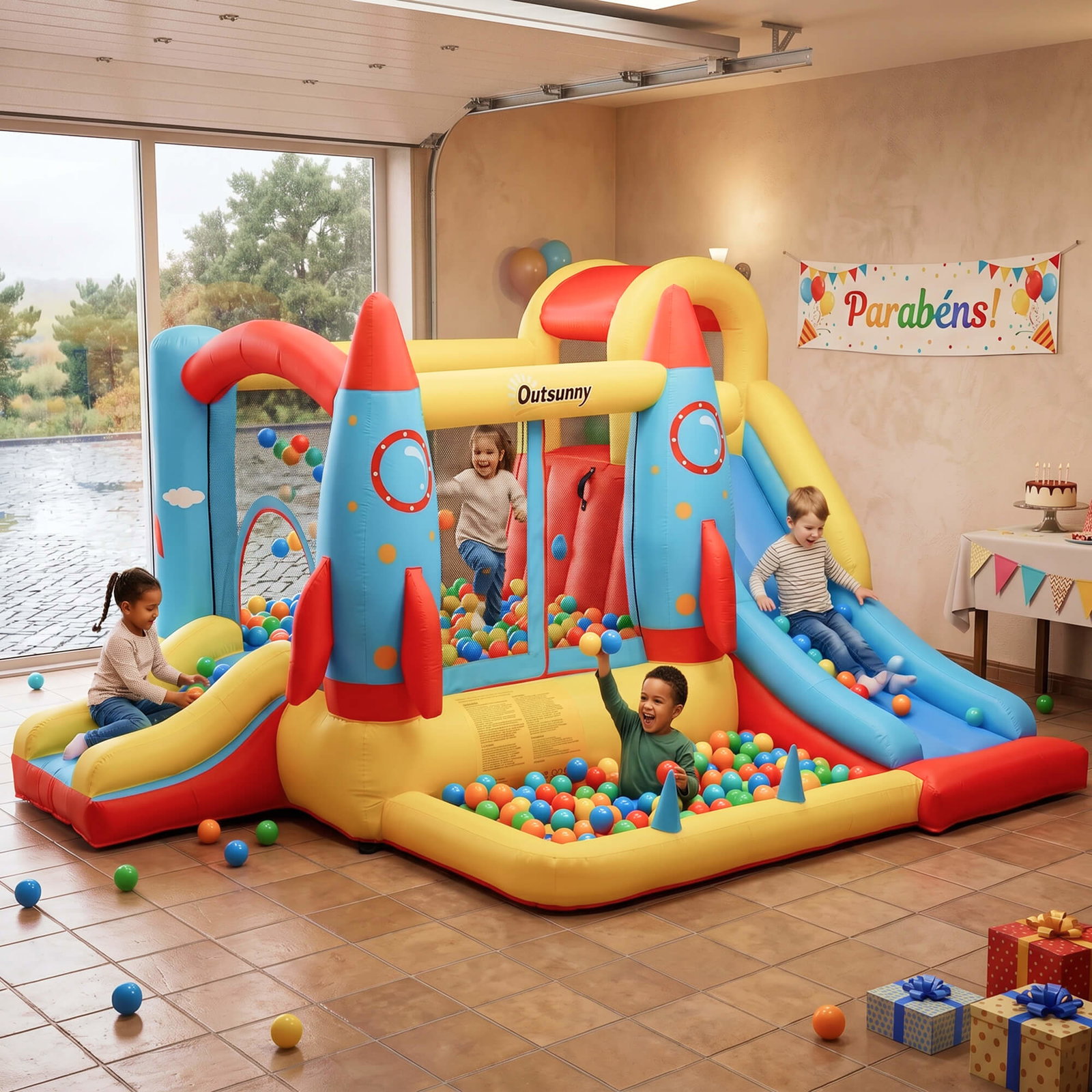 Castelo insuflável com 2 escorregas trampolim e piscina para crianças acima de 3 anos com inflador e bolsa de transporte para interior exterior 330x265x185cm multicor