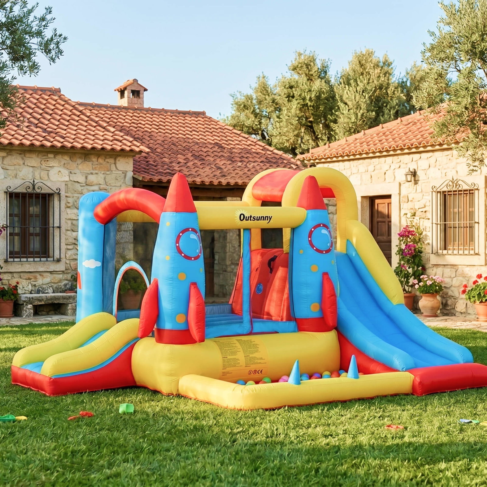 Castelo insuflável com 2 escorregas trampolim e piscina para crianças acima de 3 anos com inflador e bolsa de transporte para interior exterior 330x265x185cm multicor