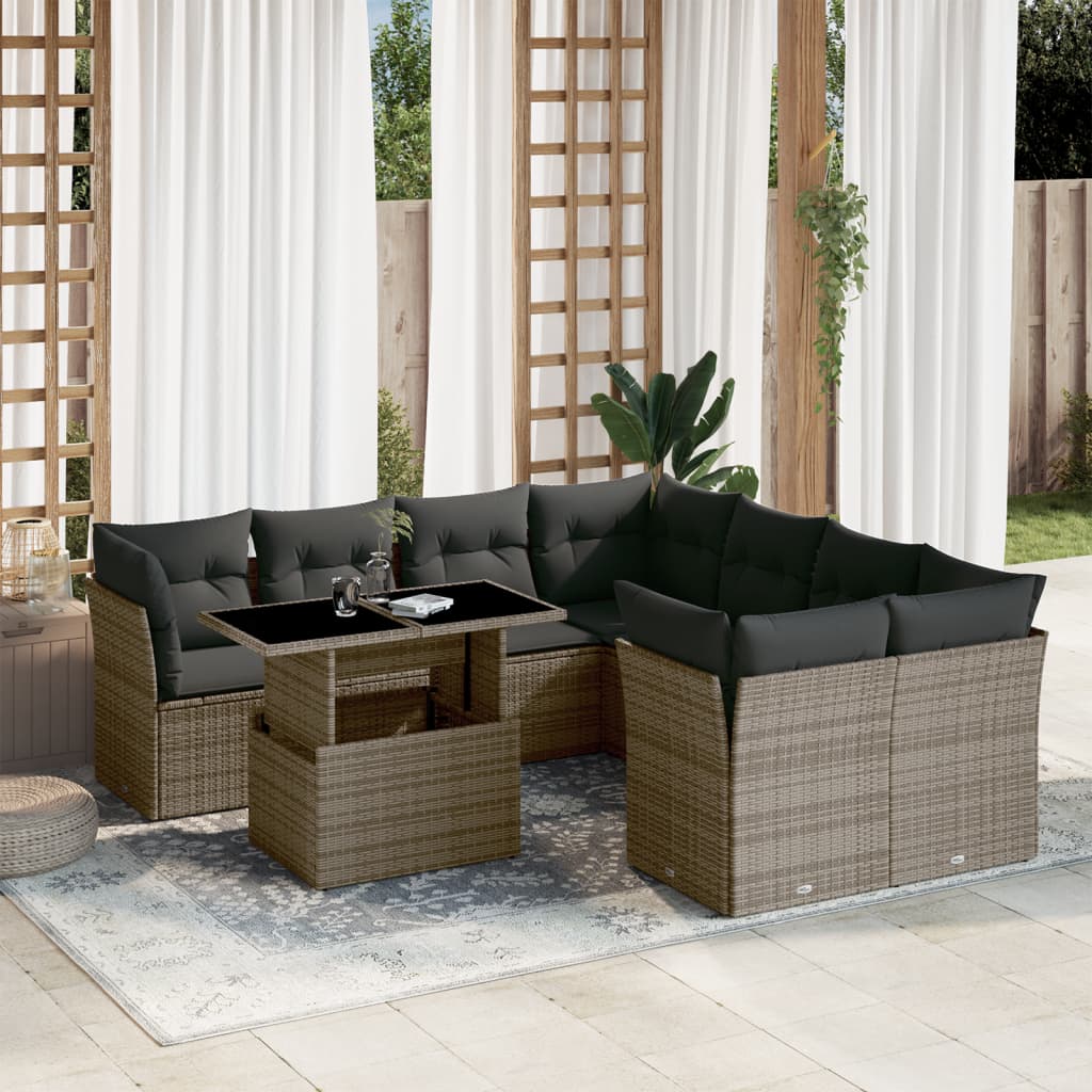 9 Pcs conjunto sofás p/ jardim com almofadões vime PE cinzento