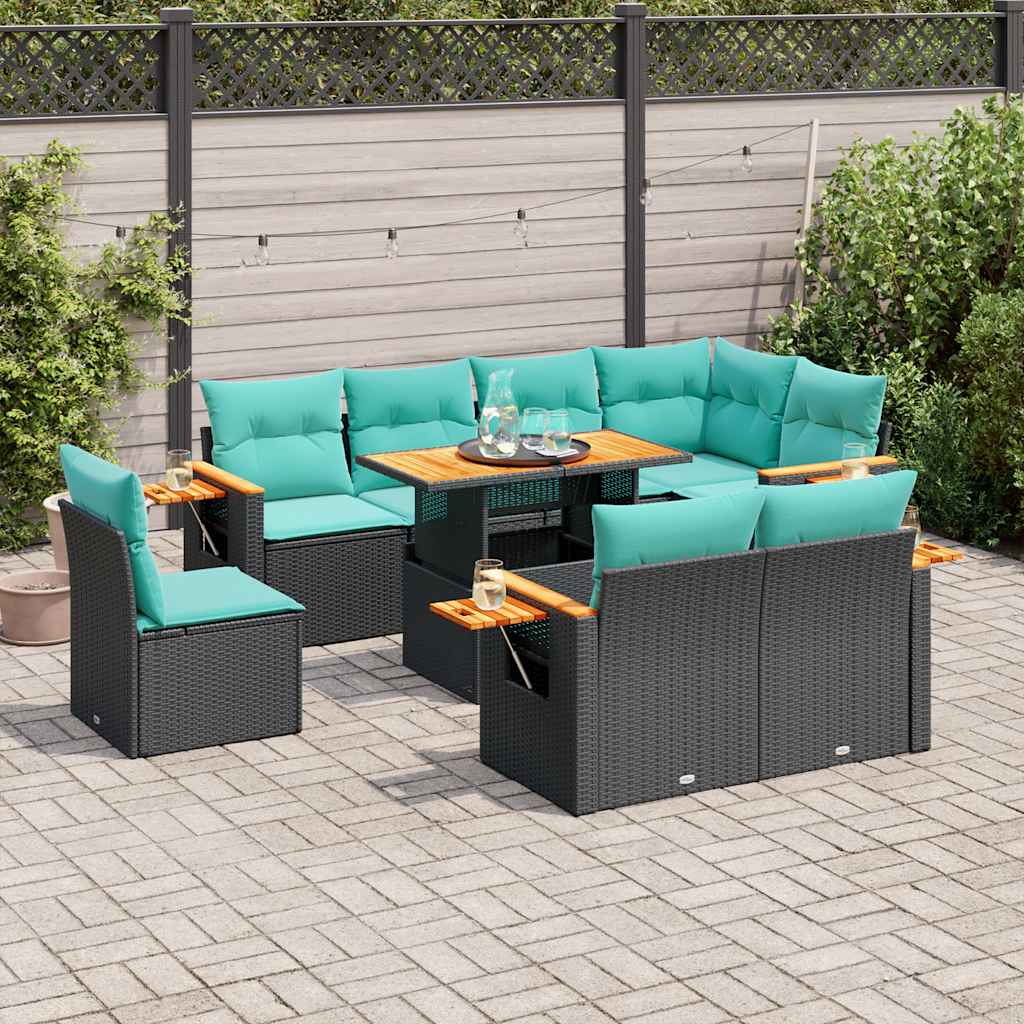 9 Pcs conjunto sofás p/ jardim almofadões vime PE/acácia preto