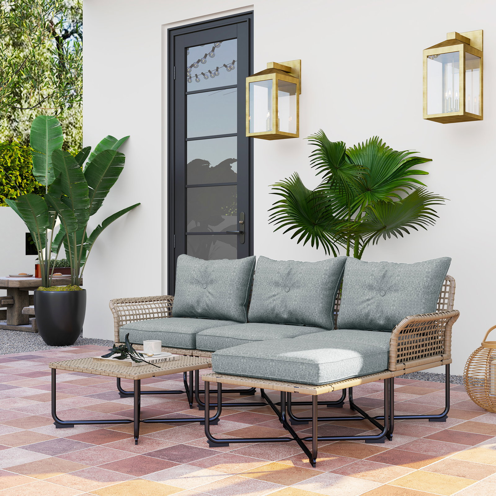 Conjunto de jardim em vime sintético conjunto de móveis de exterior com sofá de 4 módulos 1 mesa de centro e almofadas cinza