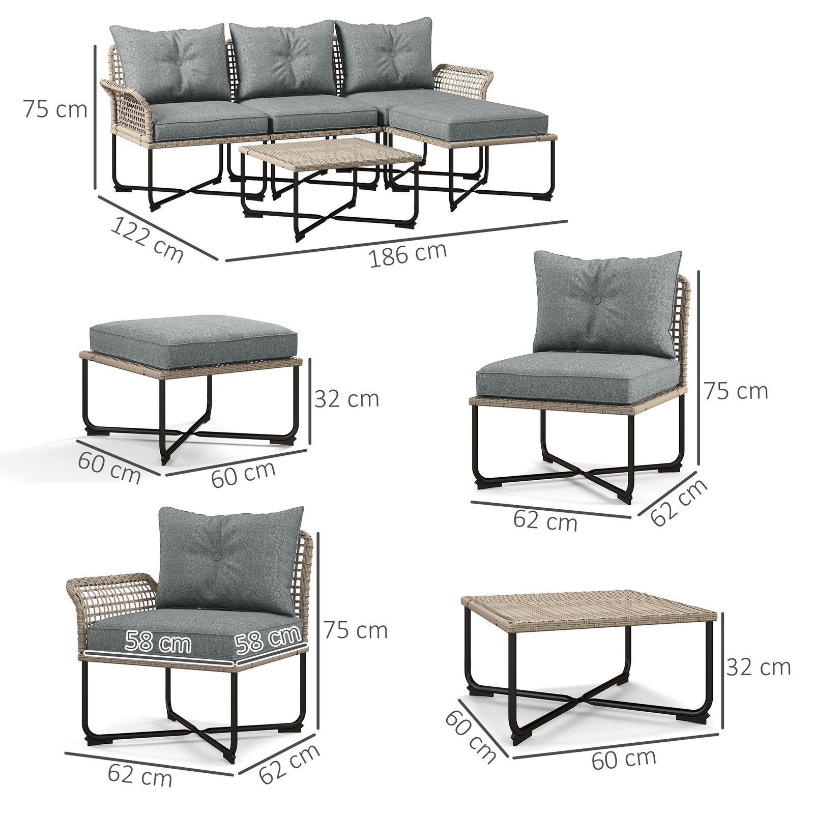 Conjunto de jardim em vime sintético conjunto de móveis de exterior com sofá de 4 módulos 1 mesa de centro e almofadas cinza