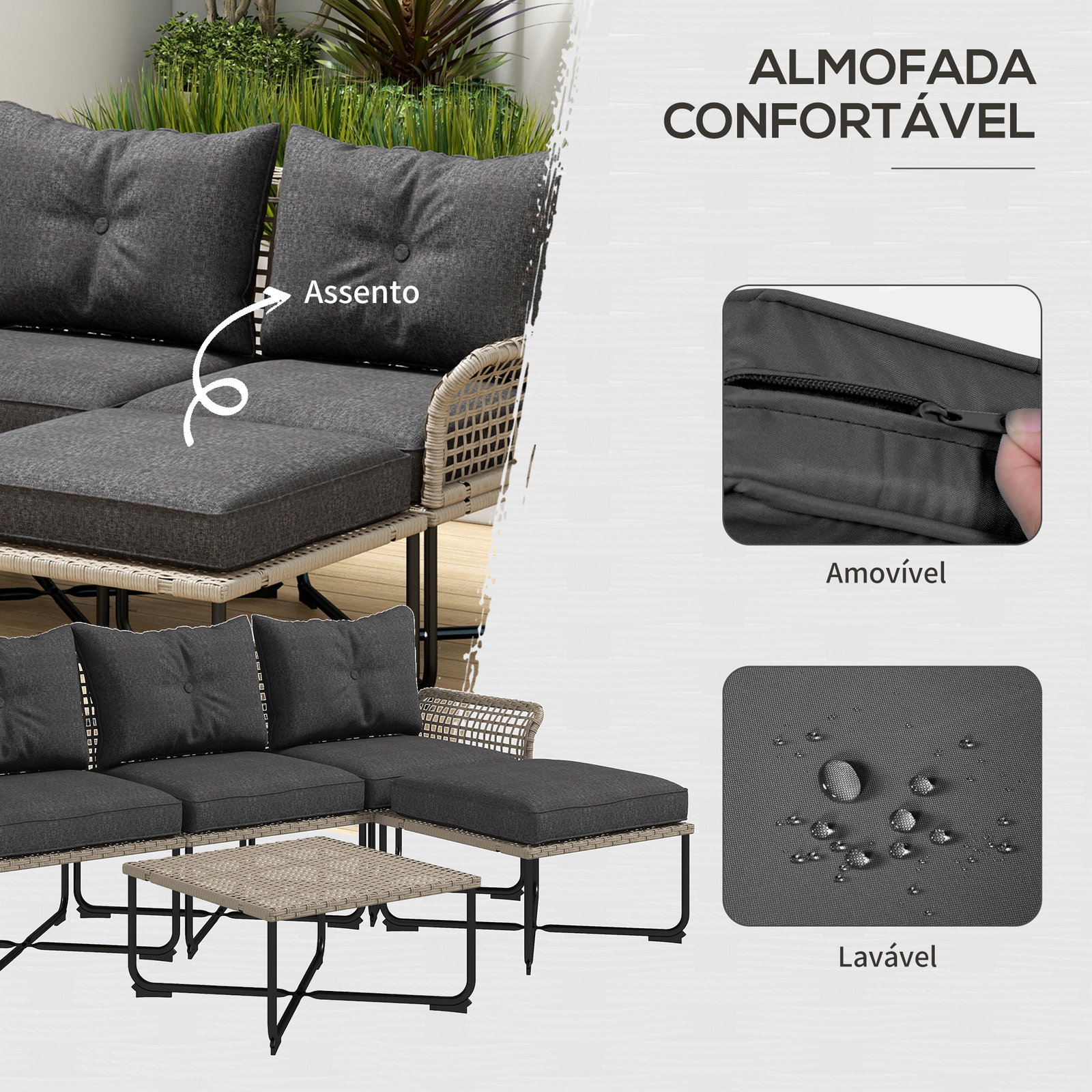 Conjunto de jardim em vime sintético conjunto de móveis de exterior com sofá de 4 módulos 1 mesa de centro e almofadas cinza