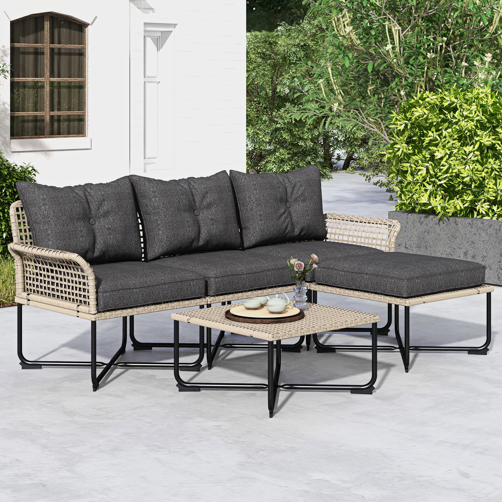 Conjunto de jardim em vime sintético conjunto de móveis de exterior com sofá de 4 módulos 1 mesa de centro e almofadas cinza