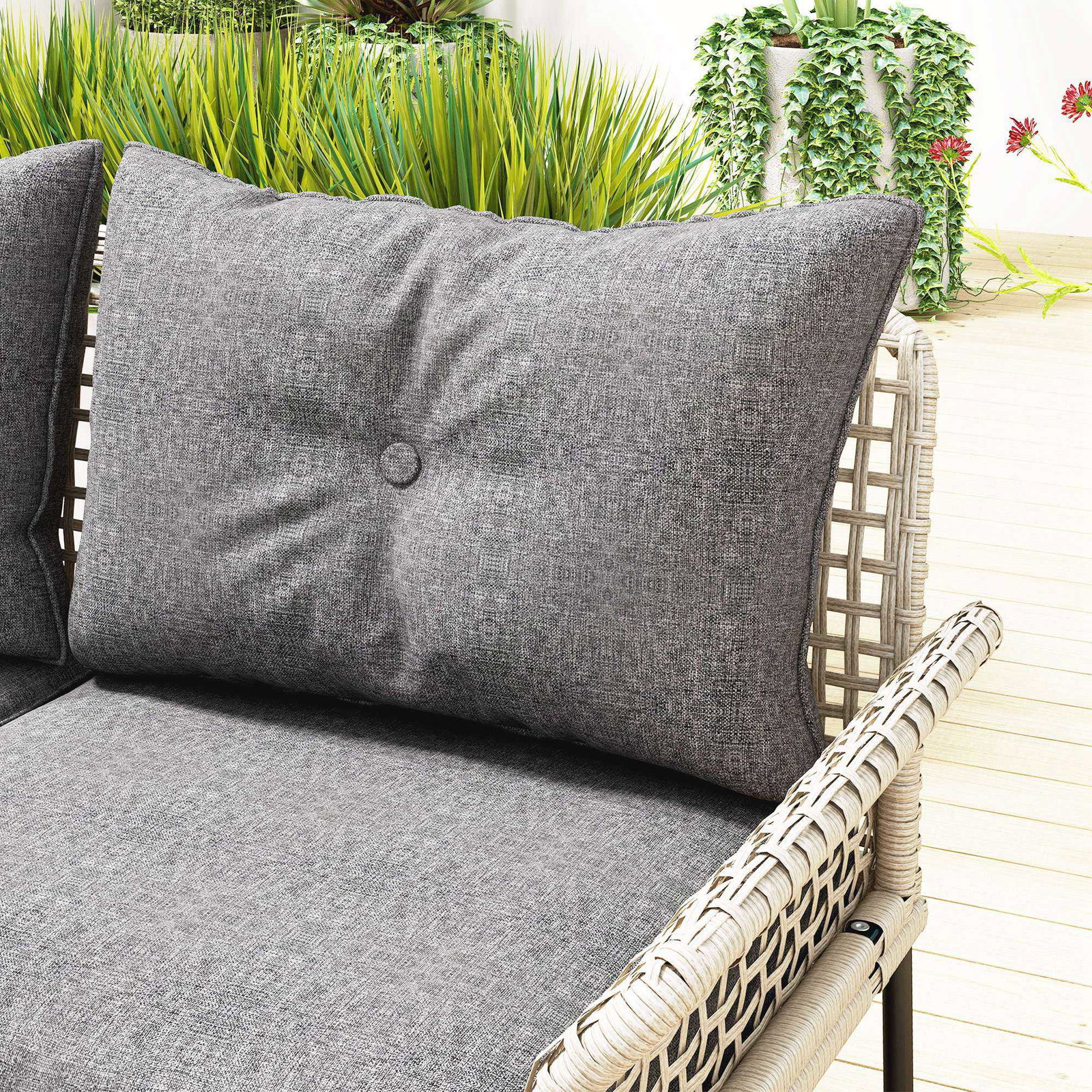 Conjunto de jardim em vime sintético conjunto de móveis de exterior com sofá de 4 módulos 1 mesa de centro e almofadas cinza