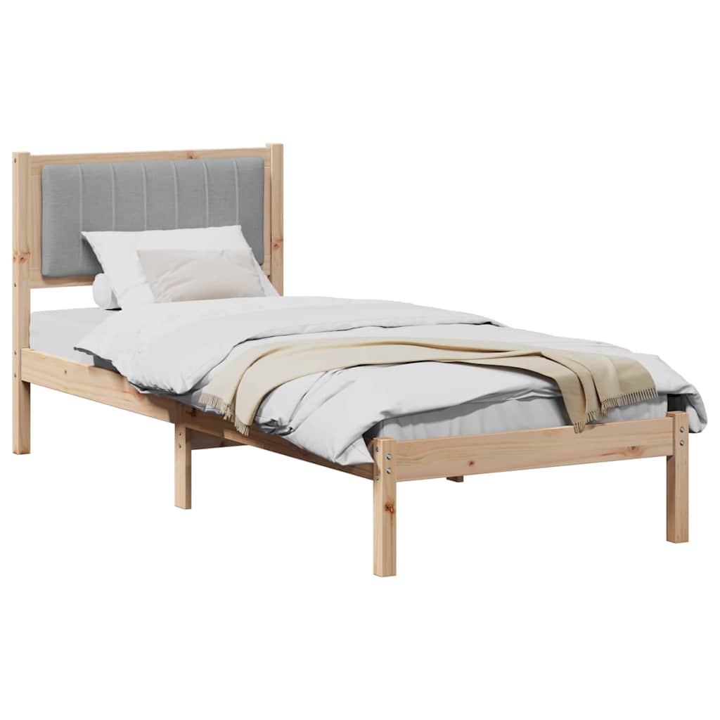 Estrutura de cama com cabeceira estofada cinzento-claro