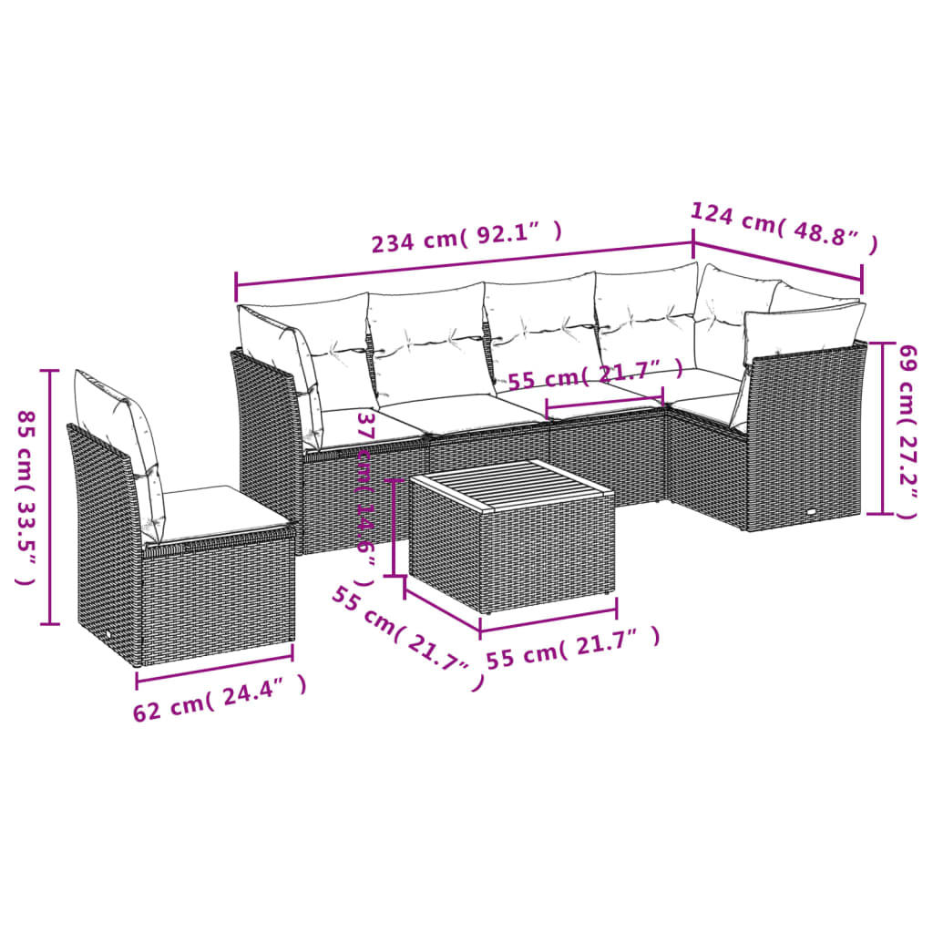 7 Pcs conjunto de sofás p/ jardim com almofadões vime PE bege