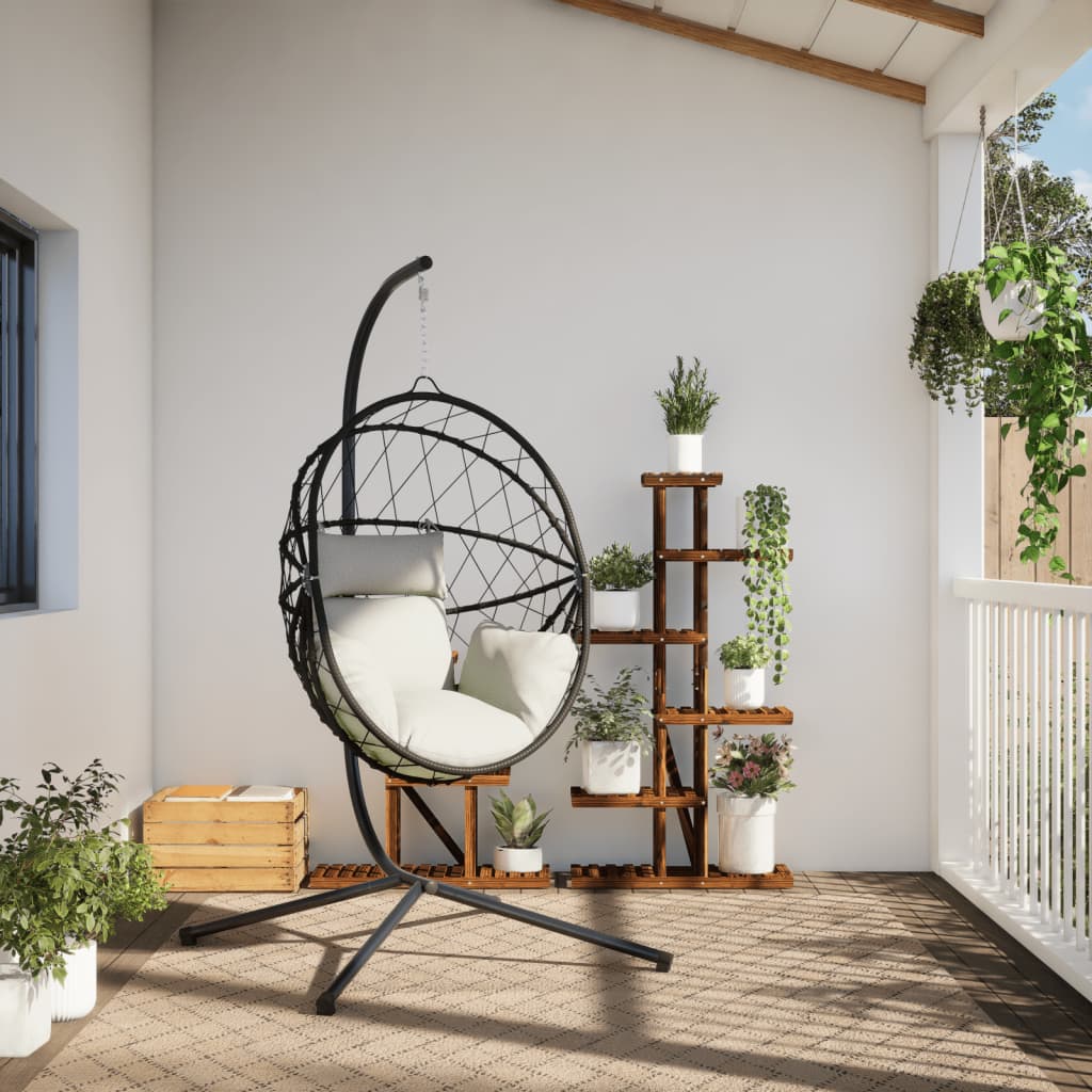 Cadeira em forma de ovo suspensa com suporte vime/aço bege