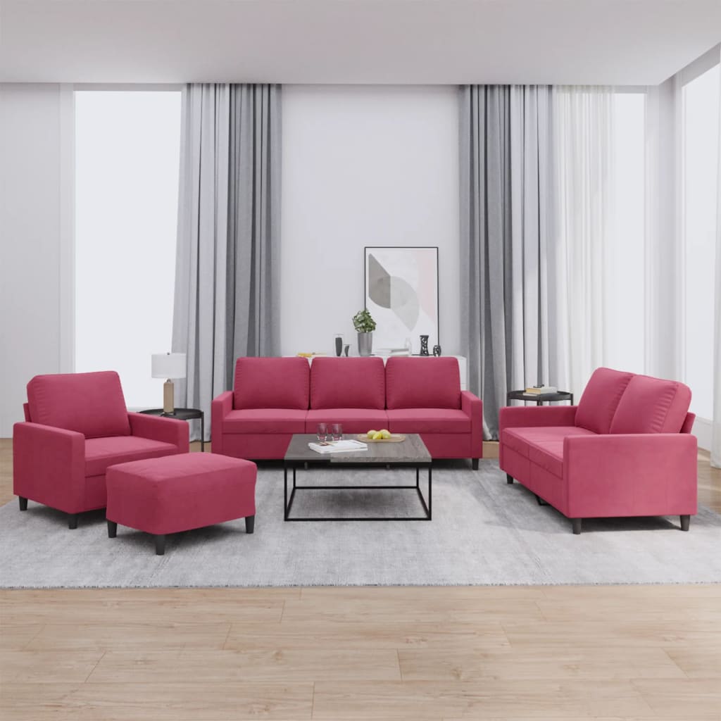 4 Pcs conjunto de sofás com almofadões veludo vermelho tinto