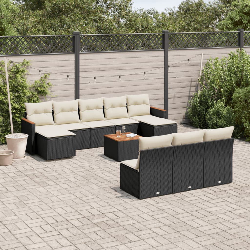 11 Pcs conjunto sofás de jardim c/ almofadões vime PE preto
