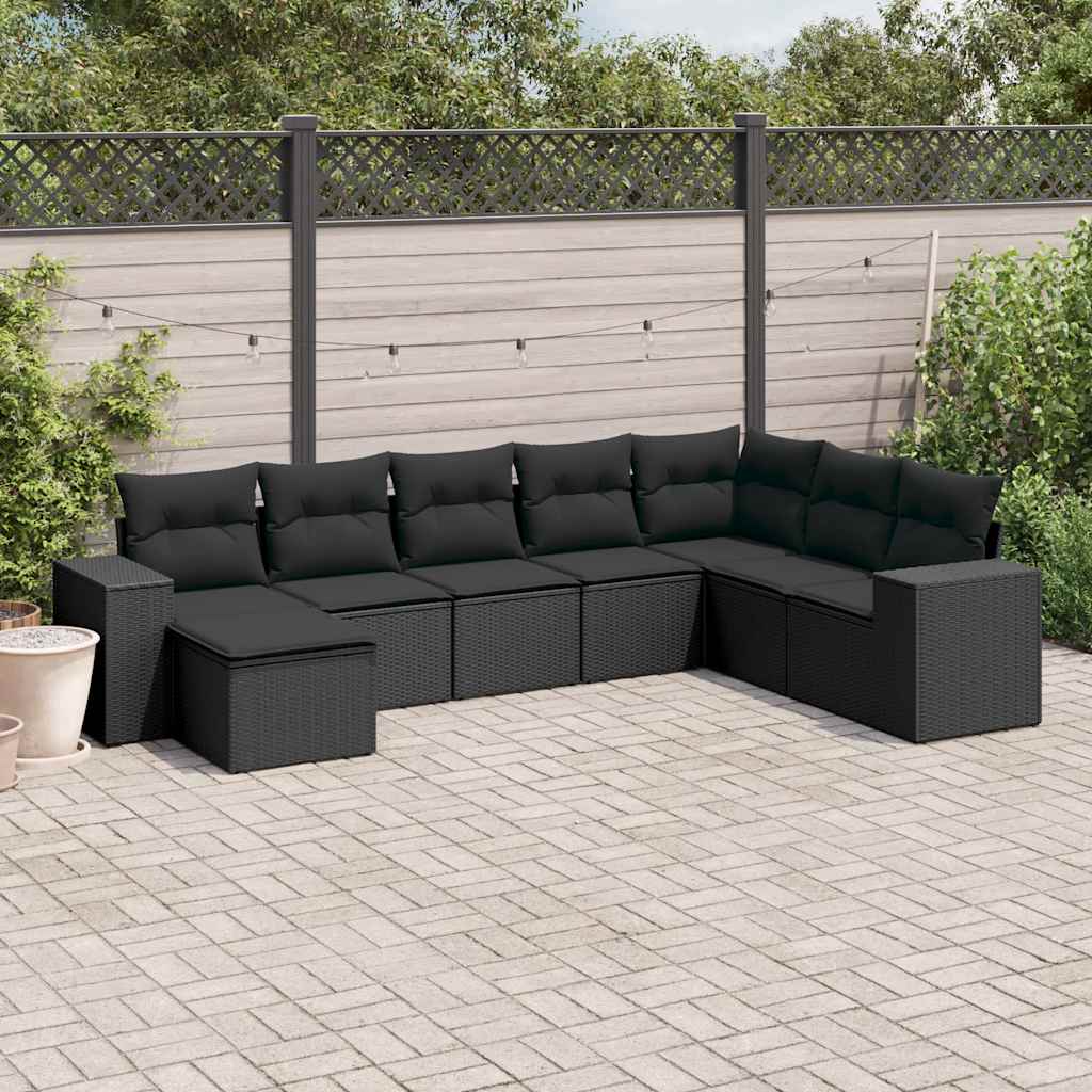 8 Pcs conjunto sofás de jardim com almofadões vime PE preto
