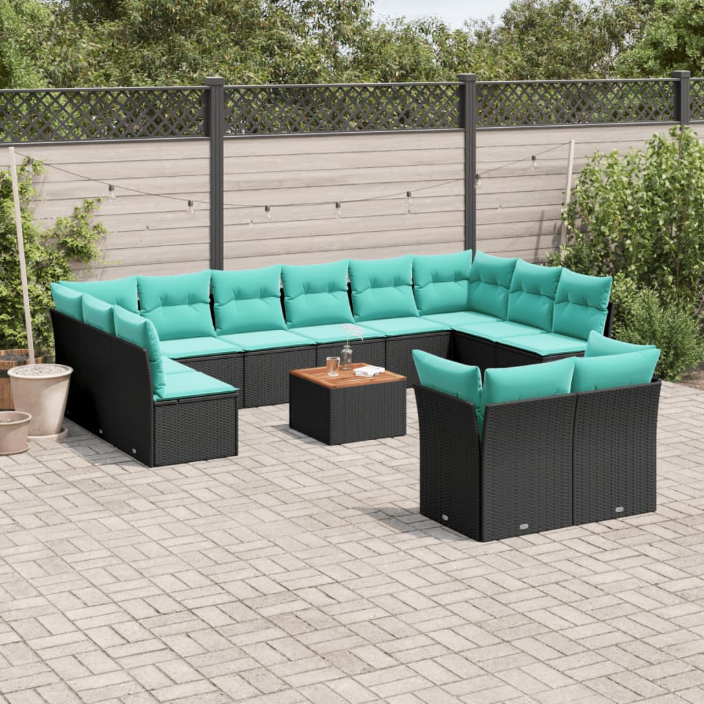 13 Pcs conjunto de sofás de jardim com almofadões vime PE preto