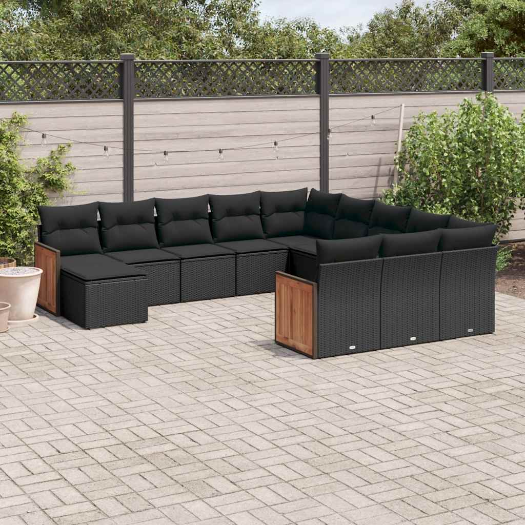 12 Pcs conjunto de sofás de jardim c/ almofadões vime PE preto