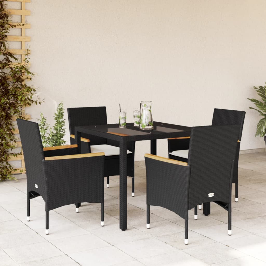 5 Pcs conjunto jantar jardim c/almofadões vime PE/vidro preto