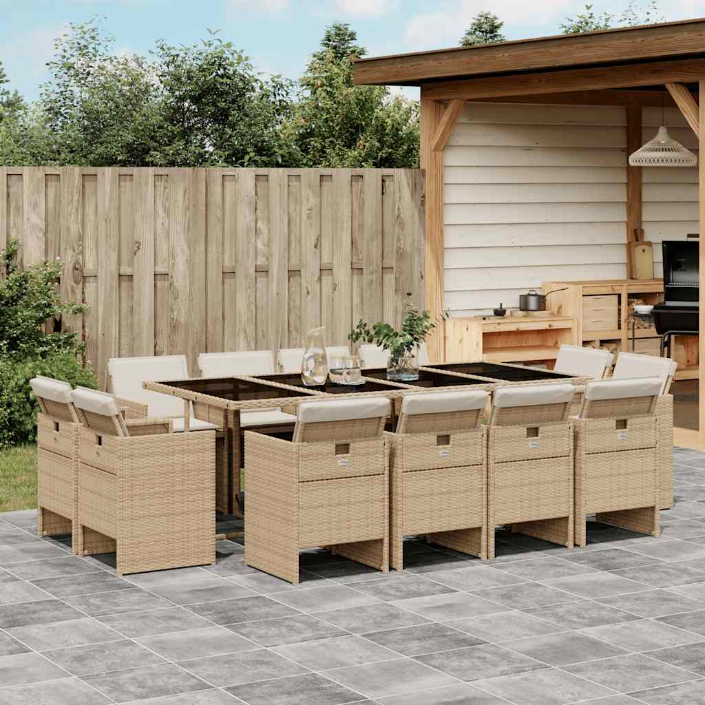 13 Pcs conjunto de jantar p/ jardim com almofadões vime PE bege