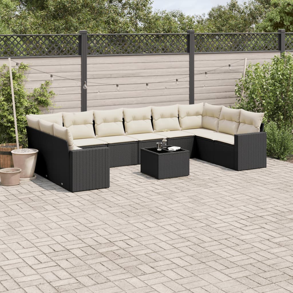 11 Pcs conjunto sofás de jardim c/ almofadões vime PE preto