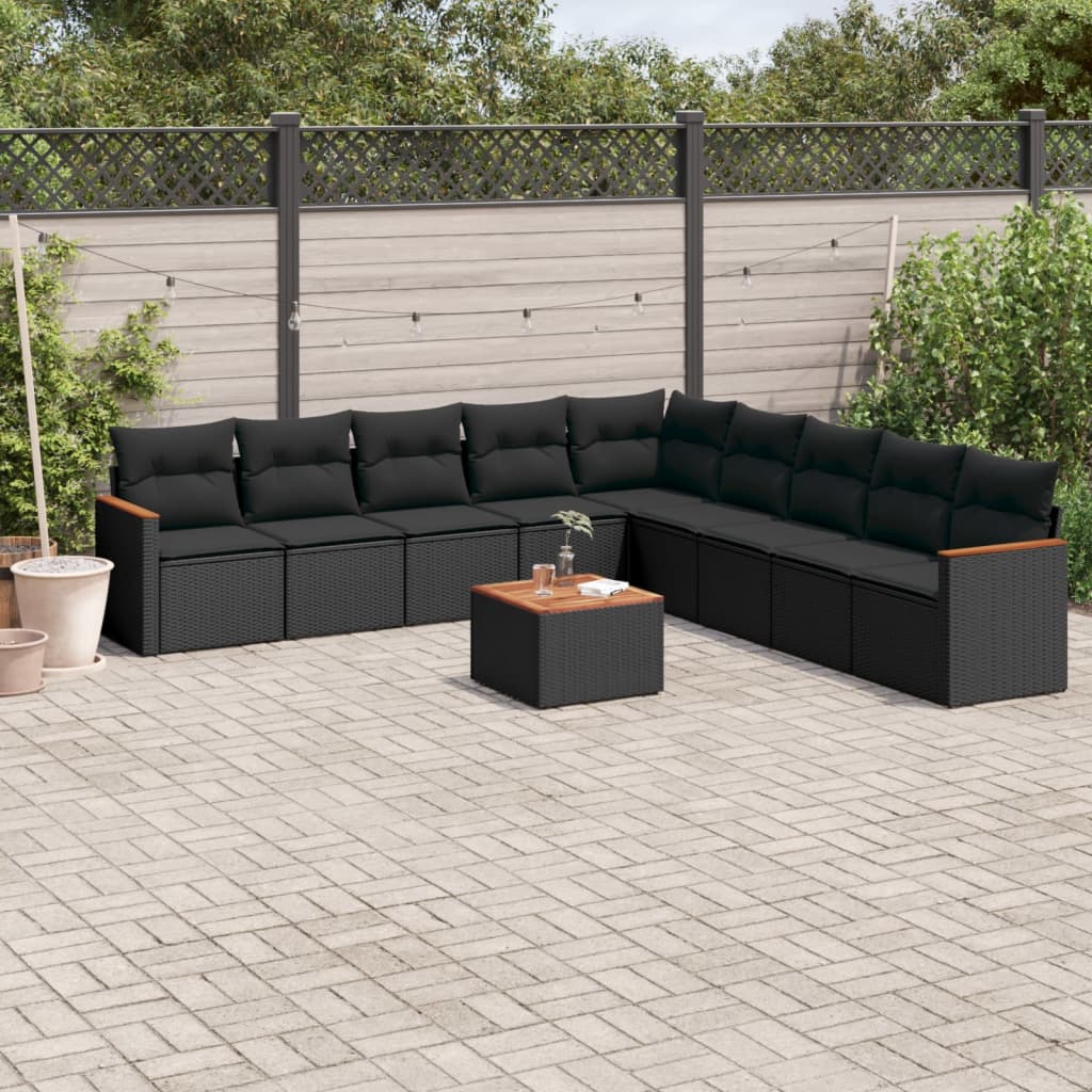 10 Pcs conjunto sofás de jardim c/ almofadões vime PE preto
