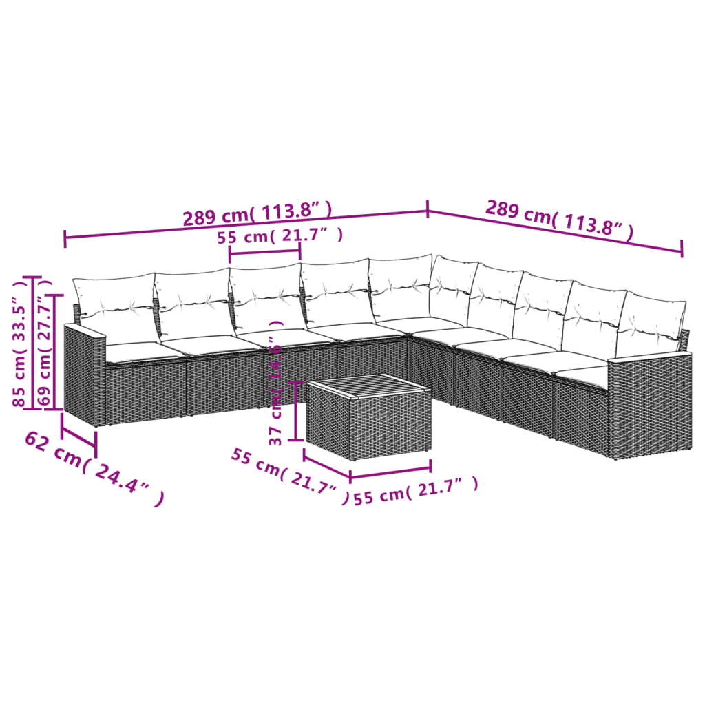 10 Pcs conjunto sofás de jardim c/ almofadões vime PE preto