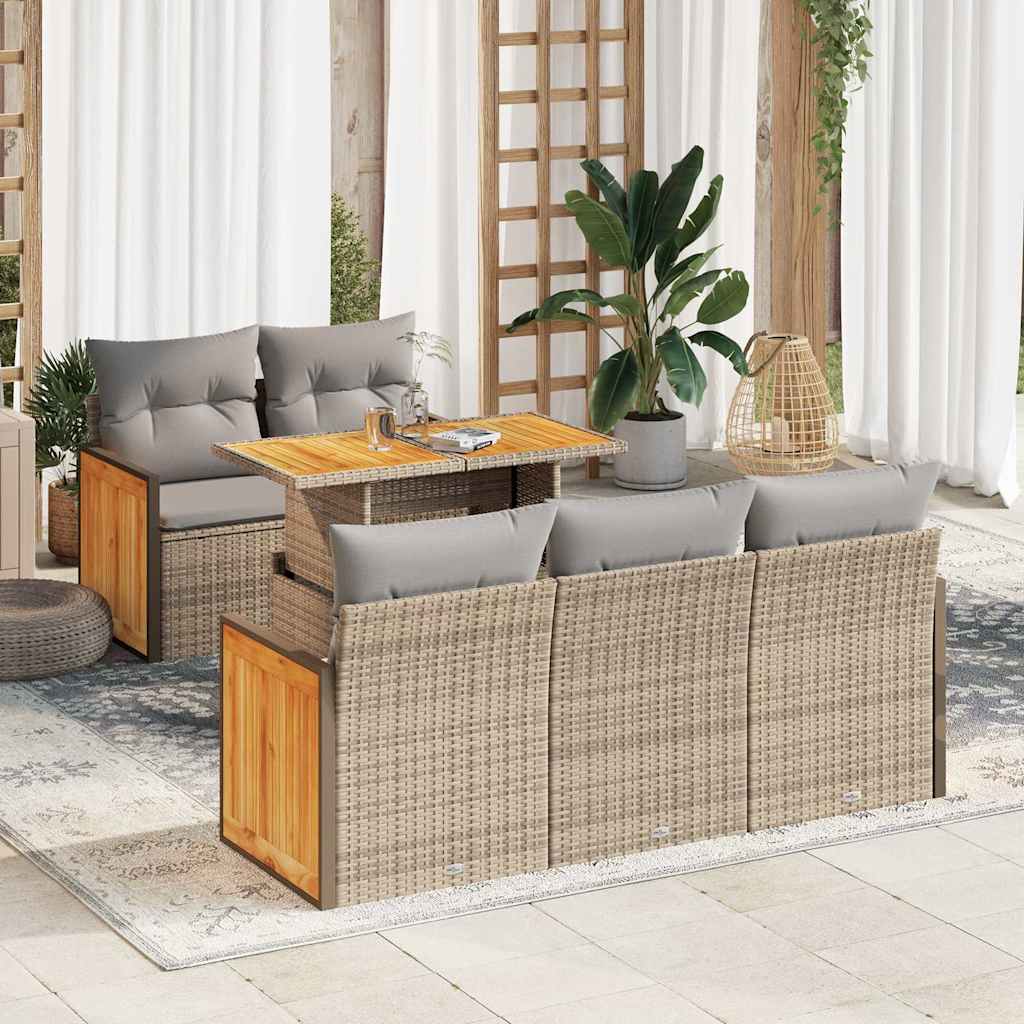 6 Pcs conjunto sofás jardim com almofadões vime PE/acácia bege