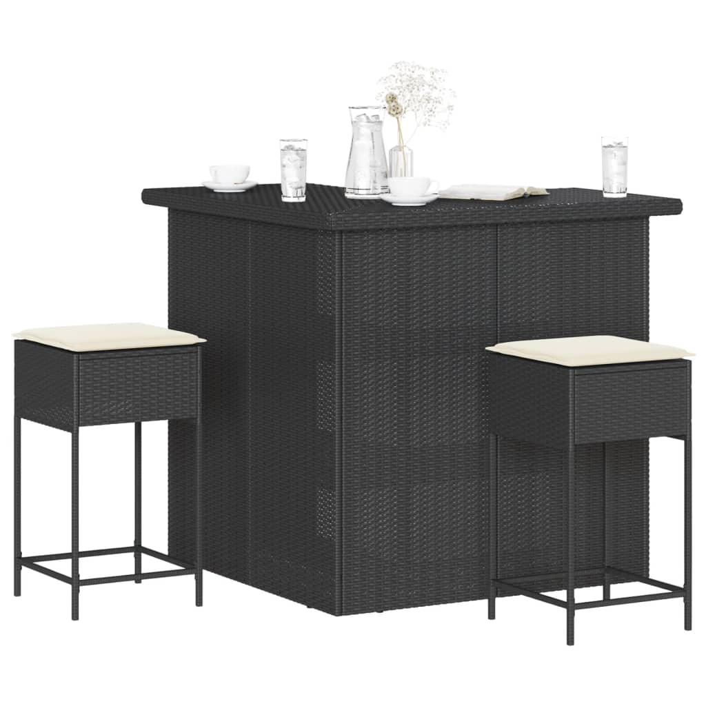 3 Pcs conjunto de bar para jardim c/ almofadões vime PE preto