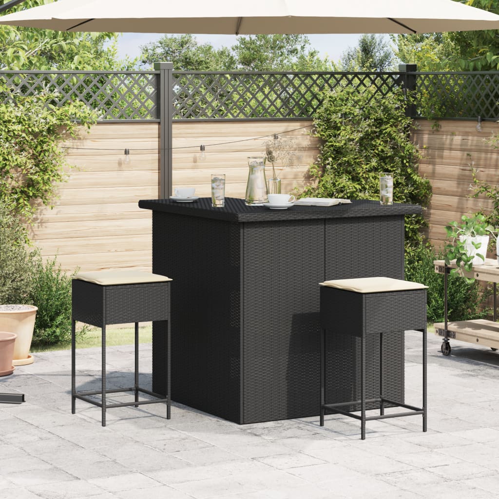 3 Pcs conjunto de bar para jardim c/ almofadões vime PE preto