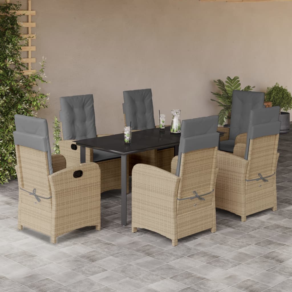 7 Pcs conj. jantar jardim c/ almofadões vime PE bege misturado