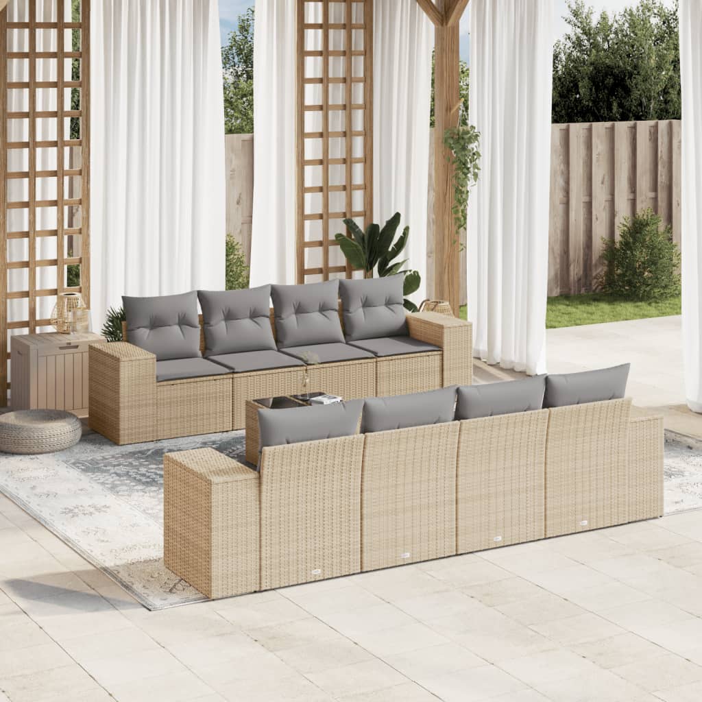 9 Pcs conjunto de sofás p/ jardim com almofadões vime PE bege