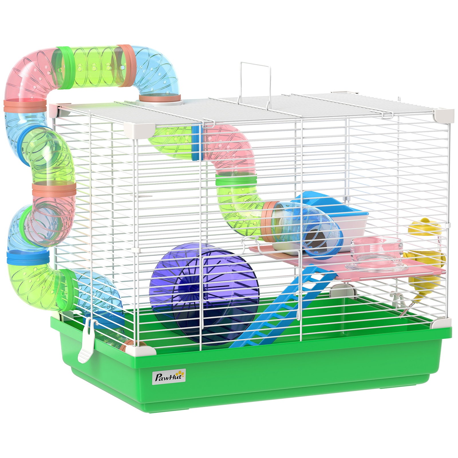 Gaiola para hamster com túnel prato bebedouro casinha rampa roda de exercício bandeja removível 46x30x37 cm verde