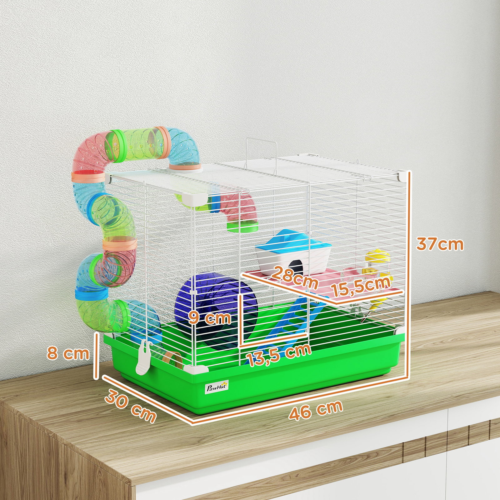 Gaiola para hamster com túnel prato bebedouro casinha rampa roda de exercício bandeja removível 46x30x37 cm verde