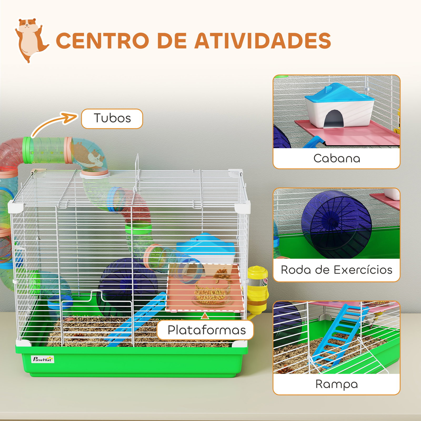 Gaiola para hamster com túnel prato bebedouro casinha rampa roda de exercício bandeja removível 46x30x37 cm verde