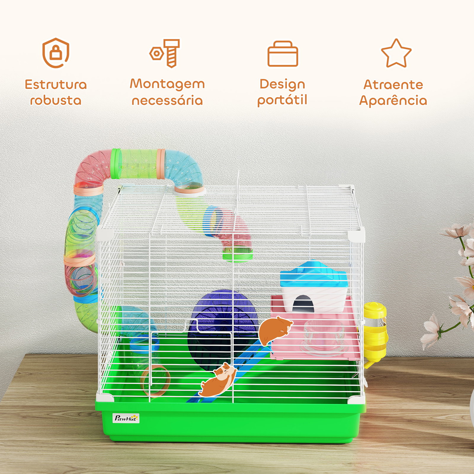 Gaiola para hamster com túnel prato bebedouro casinha rampa roda de exercício bandeja removível 46x30x37 cm verde
