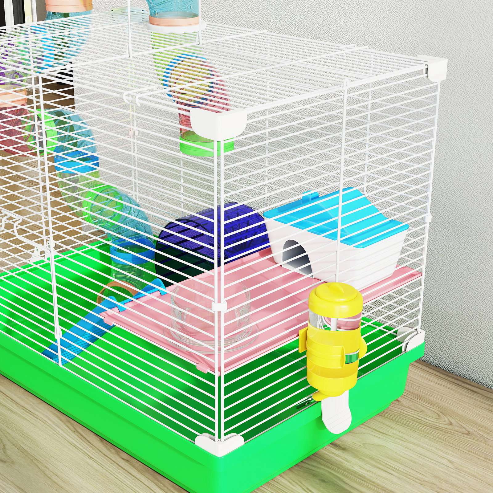 Gaiola para hamster com túnel prato bebedouro casinha rampa roda de exercício bandeja removível 46x30x37 cm verde