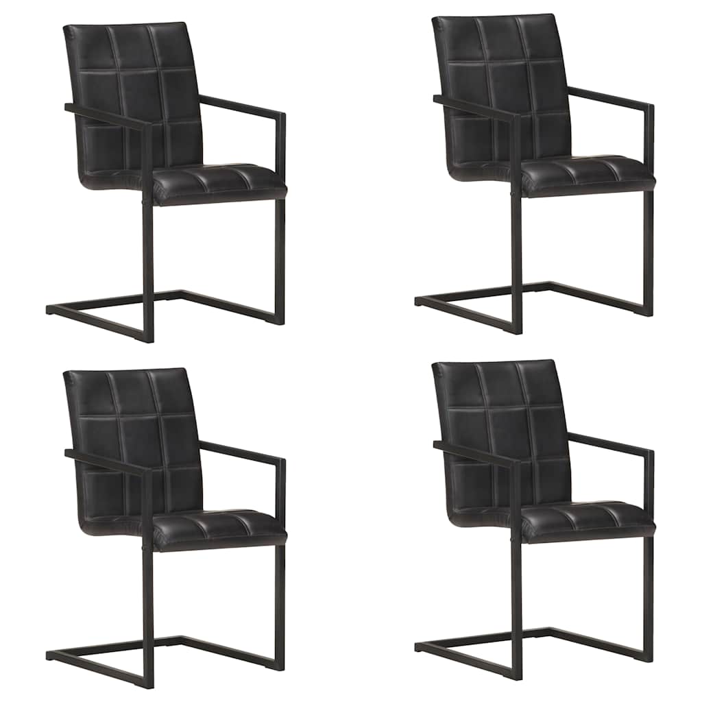 Cadeiras de jantar cantilever 4 pcs couro genuíno preto