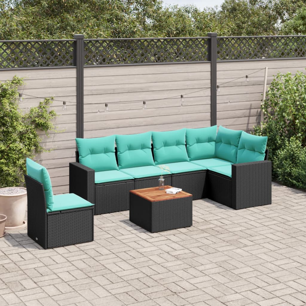 7 Pcs conjunto de sofás p/ jardim c/ almofadões vime PE preto