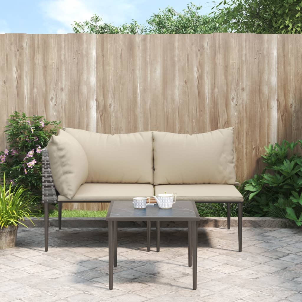 3 Pcs conjunto lounge de jardim c/ almofadões vime PE cinzento