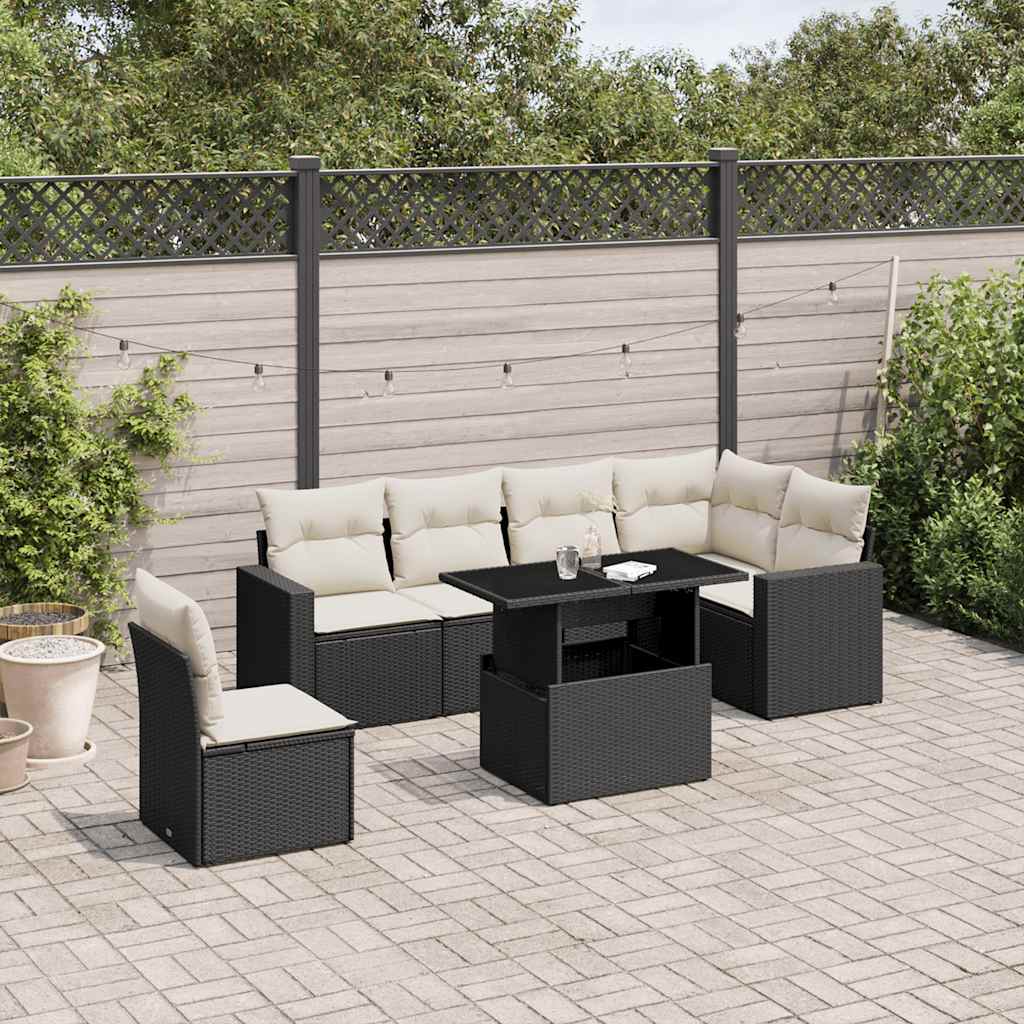 7 Pcs conjunto de sofás p/ jardim c/ almofadões vime PE preto