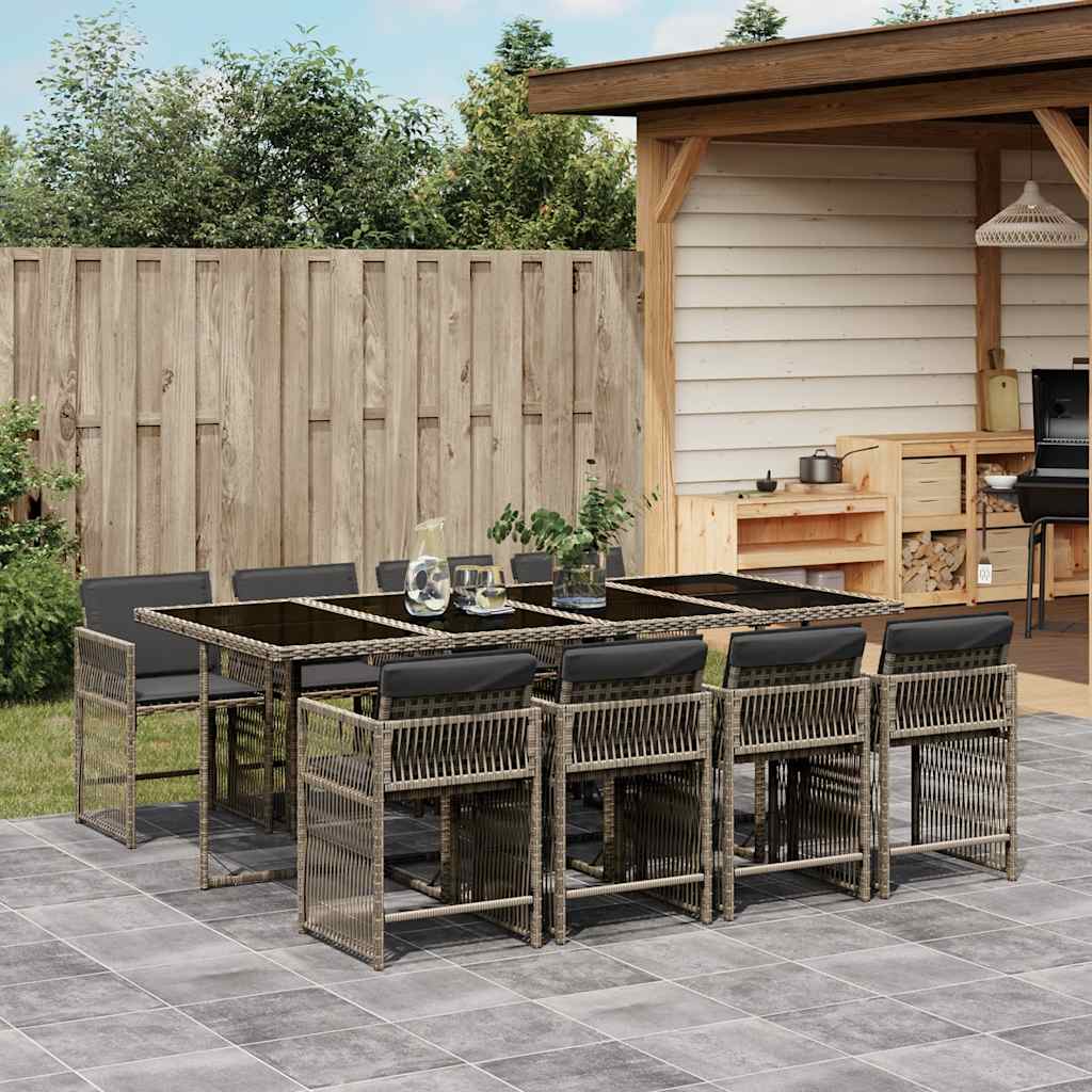 9 Pcs conjunto de jantar p/ jardim c/ almofadões vime PE cinza