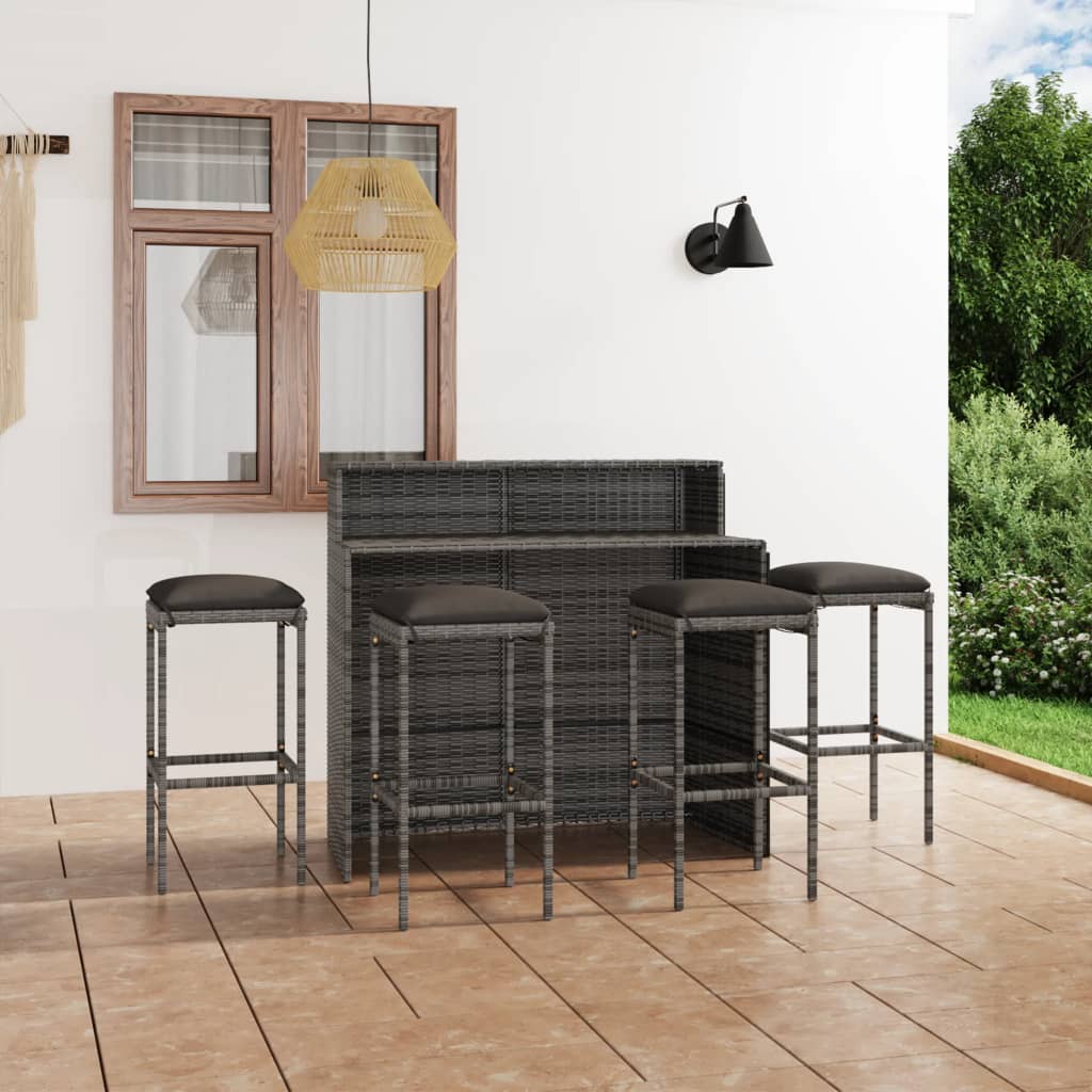 5 Pcs conjunto de bar para jardim com almofadões cinzento