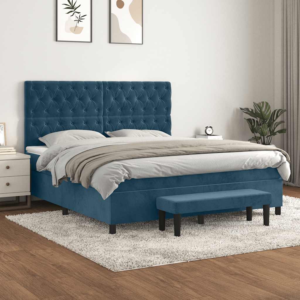 Cama com molas/colchão 160x200 cm veludo azul-escuro