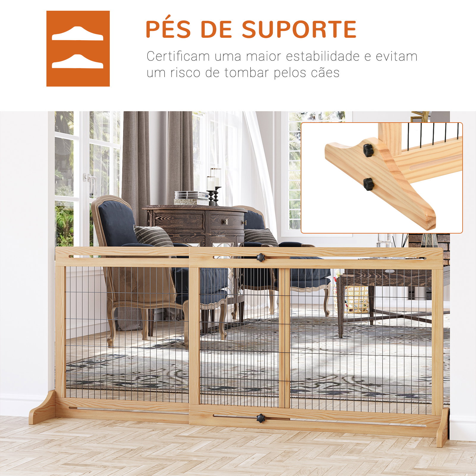 Barreira de Segurança para Cães de Madeira Extensível com Pés de Suporte Barreira de Proteção para Animais de Estimação para Por