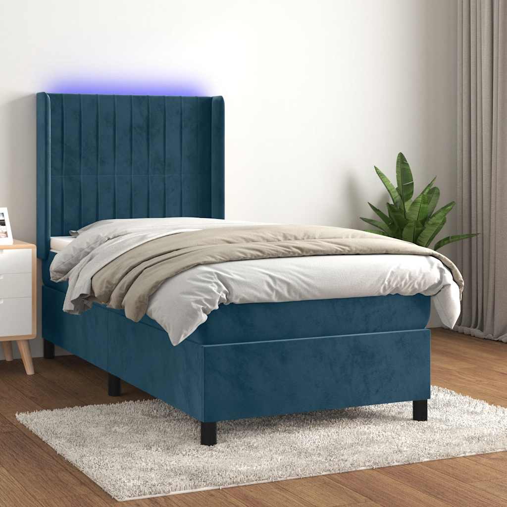 Cama box spring c/ colchão/LED 90x200 cm veludo azul-escuro
