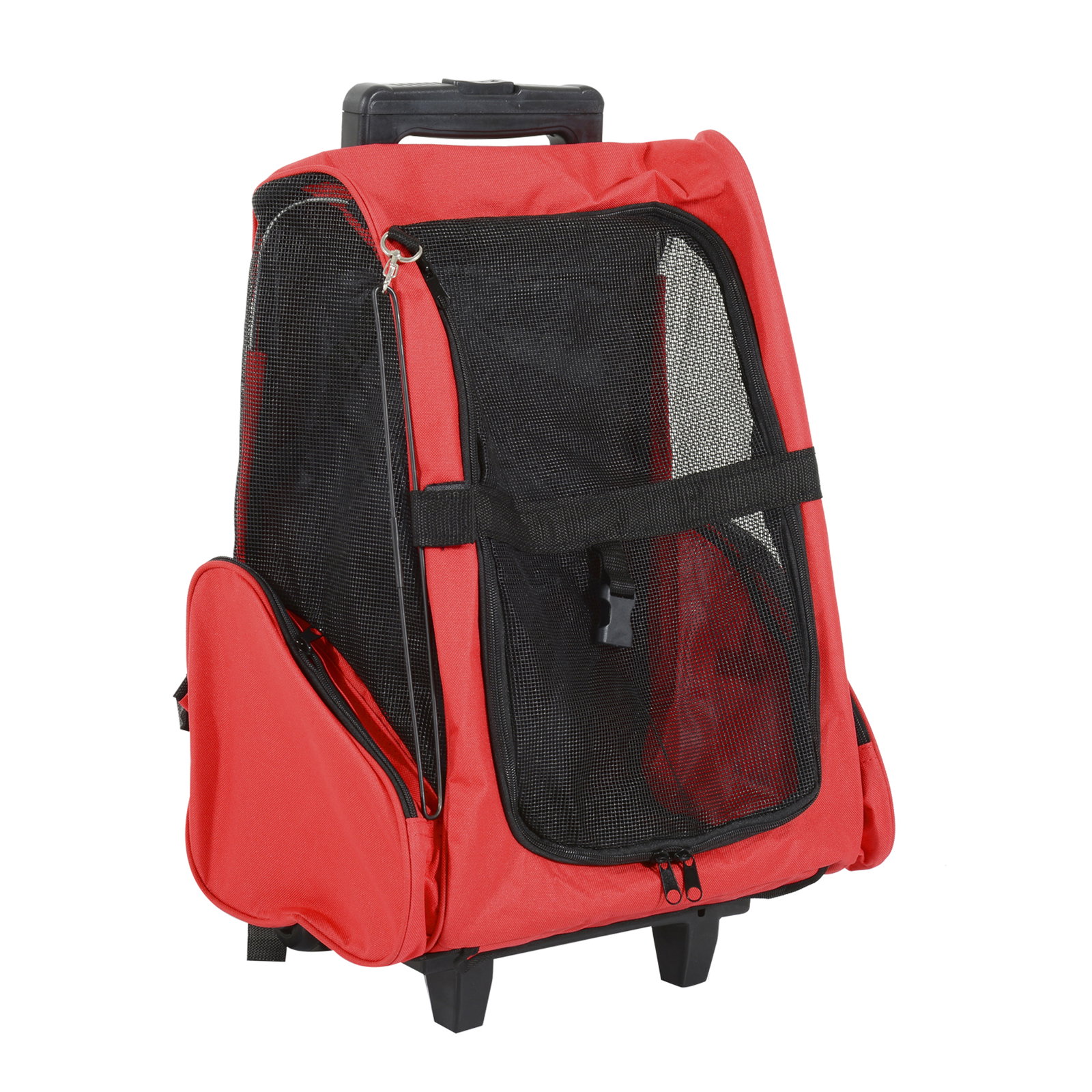 Transportadora 2 em 1 para animais de estimação mochila ou carrinho de viagem para cães e gatos com 2 rodas alça retrátil de alumínio e bolso de armazenamento 42x25x55cm vermelho