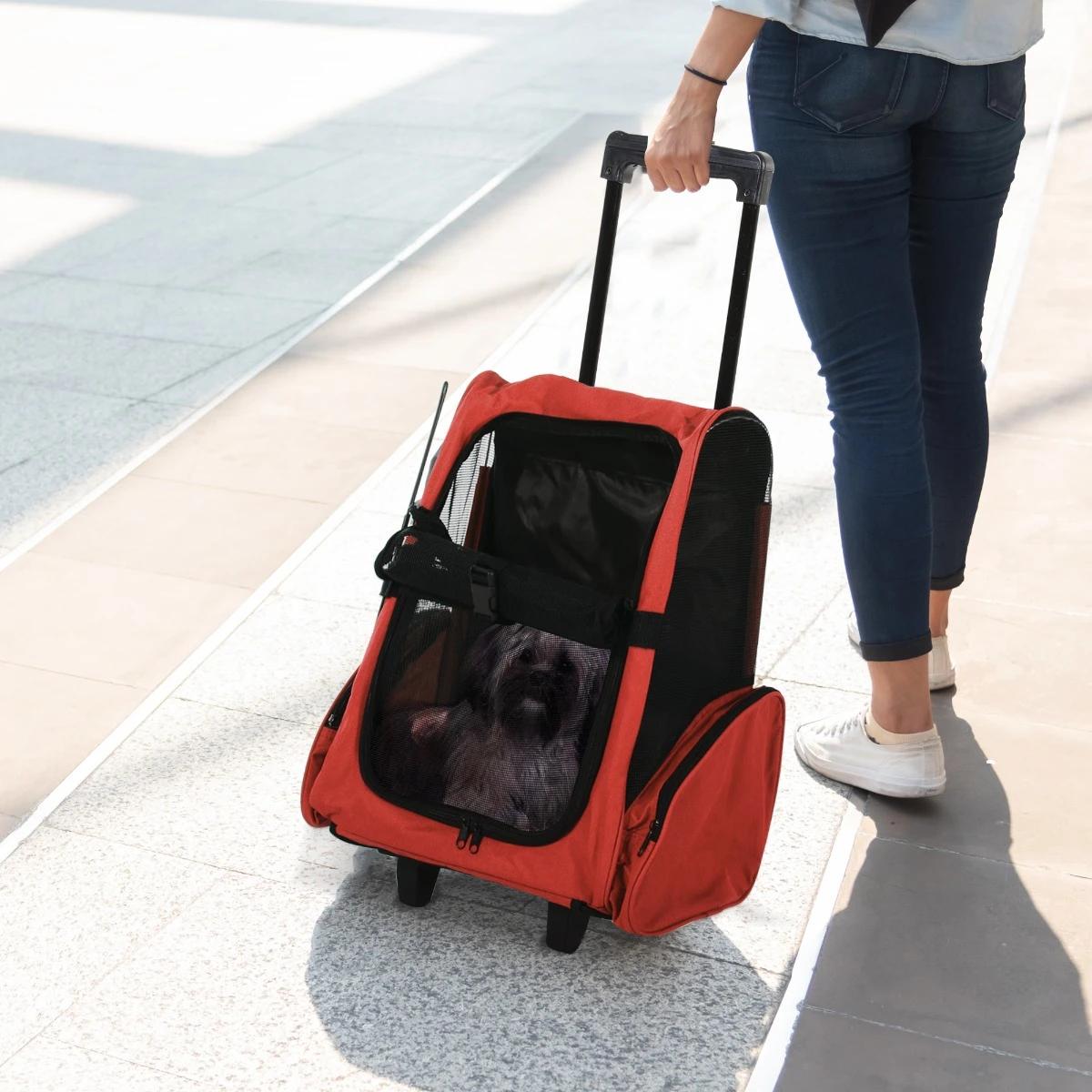 Transportadora 2 em 1 para animais de estimação mochila ou carrinho de viagem para cães e gatos com 2 rodas alça retrátil de alumínio e bolso de armazenamento 42x25x55cm vermelho