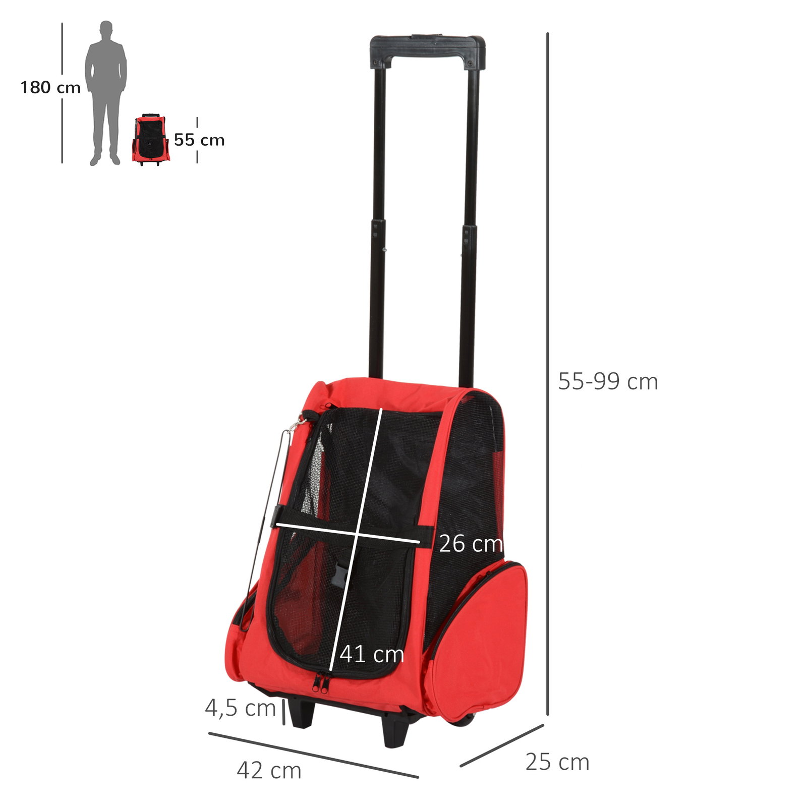 Transportadora 2 em 1 para animais de estimação mochila ou carrinho de viagem para cães e gatos com 2 rodas alça retrátil de alumínio e bolso de armazenamento 42x25x55cm vermelho