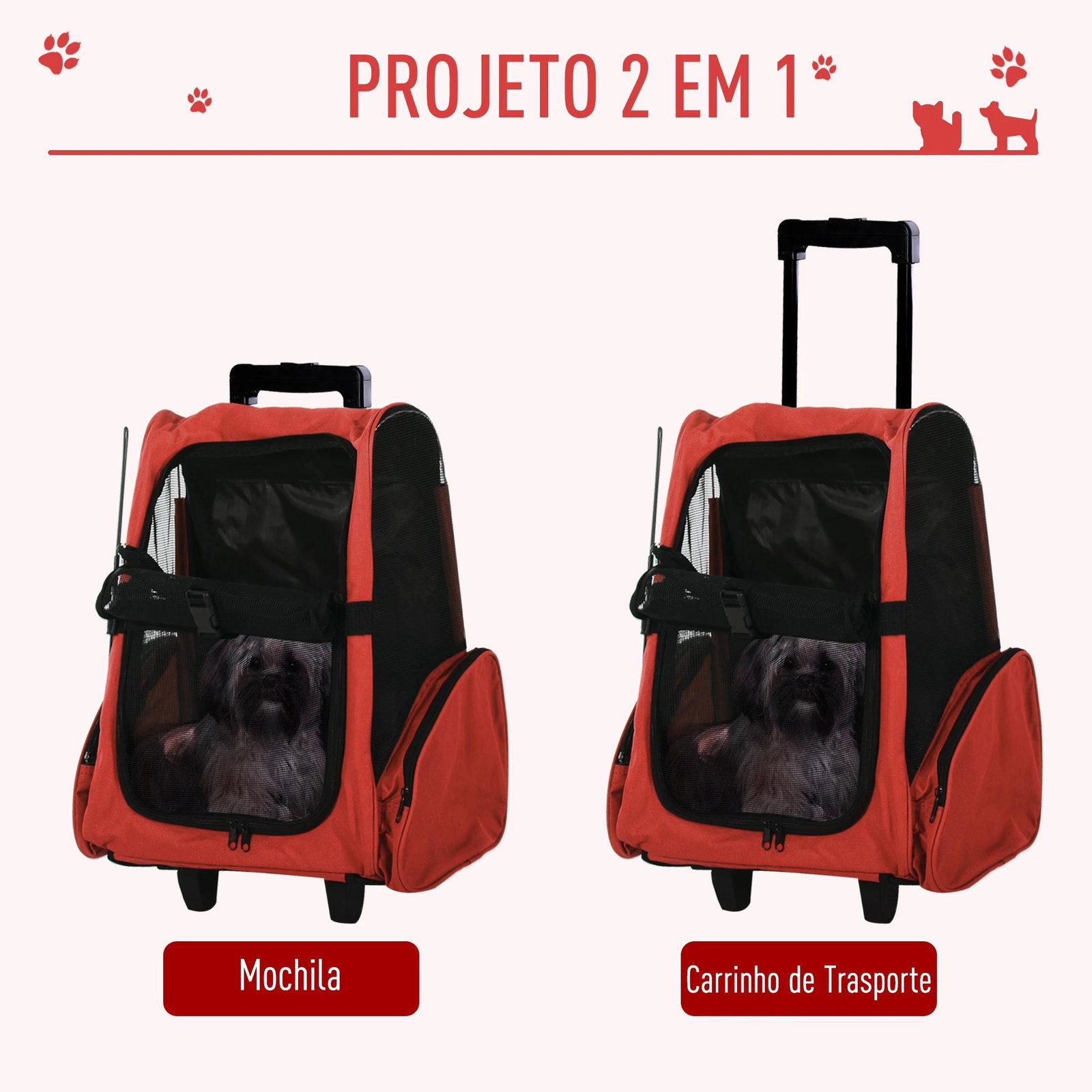 Transportadora 2 em 1 para animais de estimação mochila ou carrinho de viagem para cães e gatos com 2 rodas alça retrátil de alumínio e bolso de armazenamento 42x25x55cm vermelho