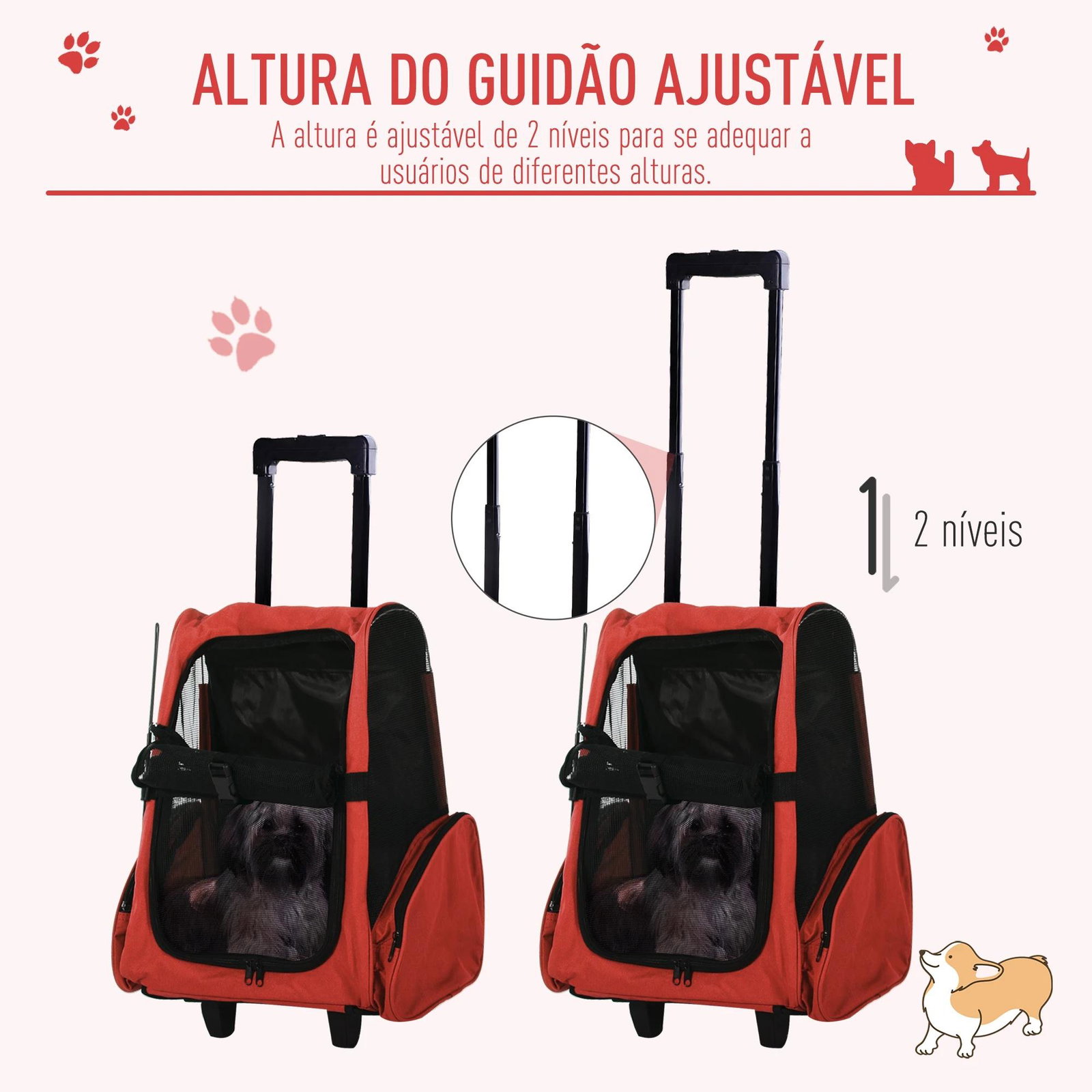 Transportadora 2 em 1 para animais de estimação mochila ou carrinho de viagem para cães e gatos com 2 rodas alça retrátil de alumínio e bolso de armazenamento 42x25x55cm vermelho