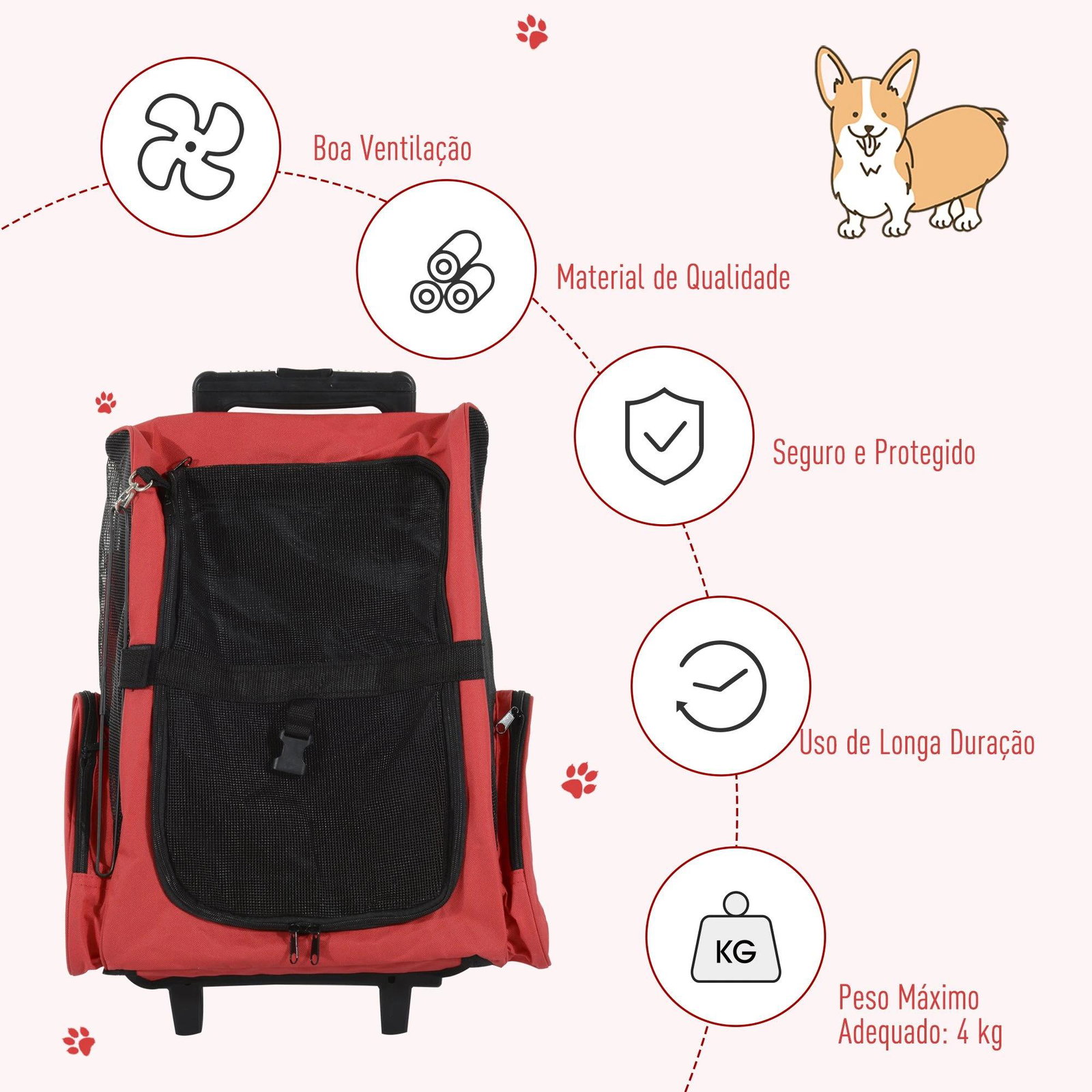 Transportadora 2 em 1 para animais de estimação mochila ou carrinho de viagem para cães e gatos com 2 rodas alça retrátil de alumínio e bolso de armazenamento 42x25x55cm vermelho