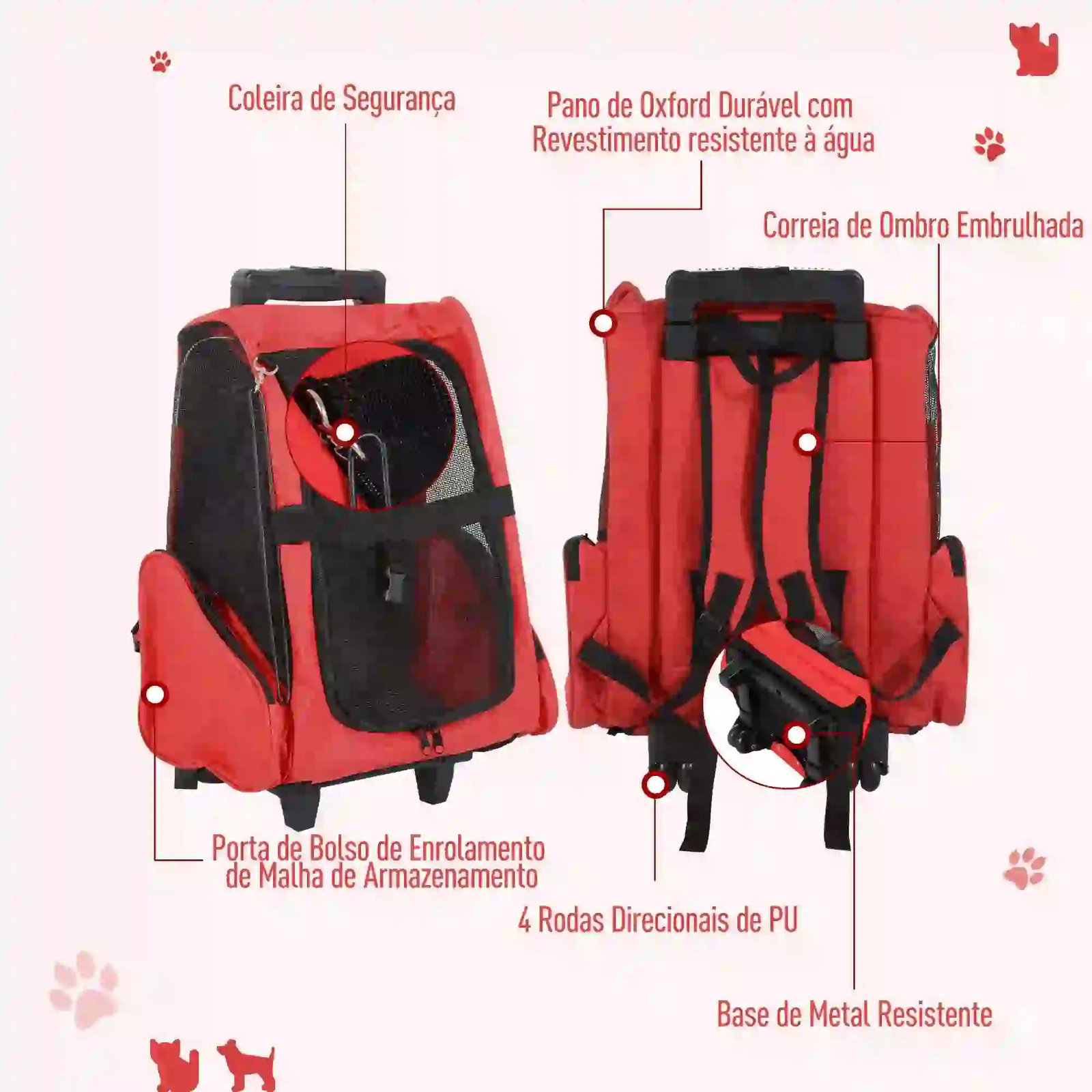 Transportadora 2 em 1 para animais de estimação mochila ou carrinho de viagem para cães e gatos com 2 rodas alça retrátil de alumínio e bolso de armazenamento 42x25x55cm vermelho